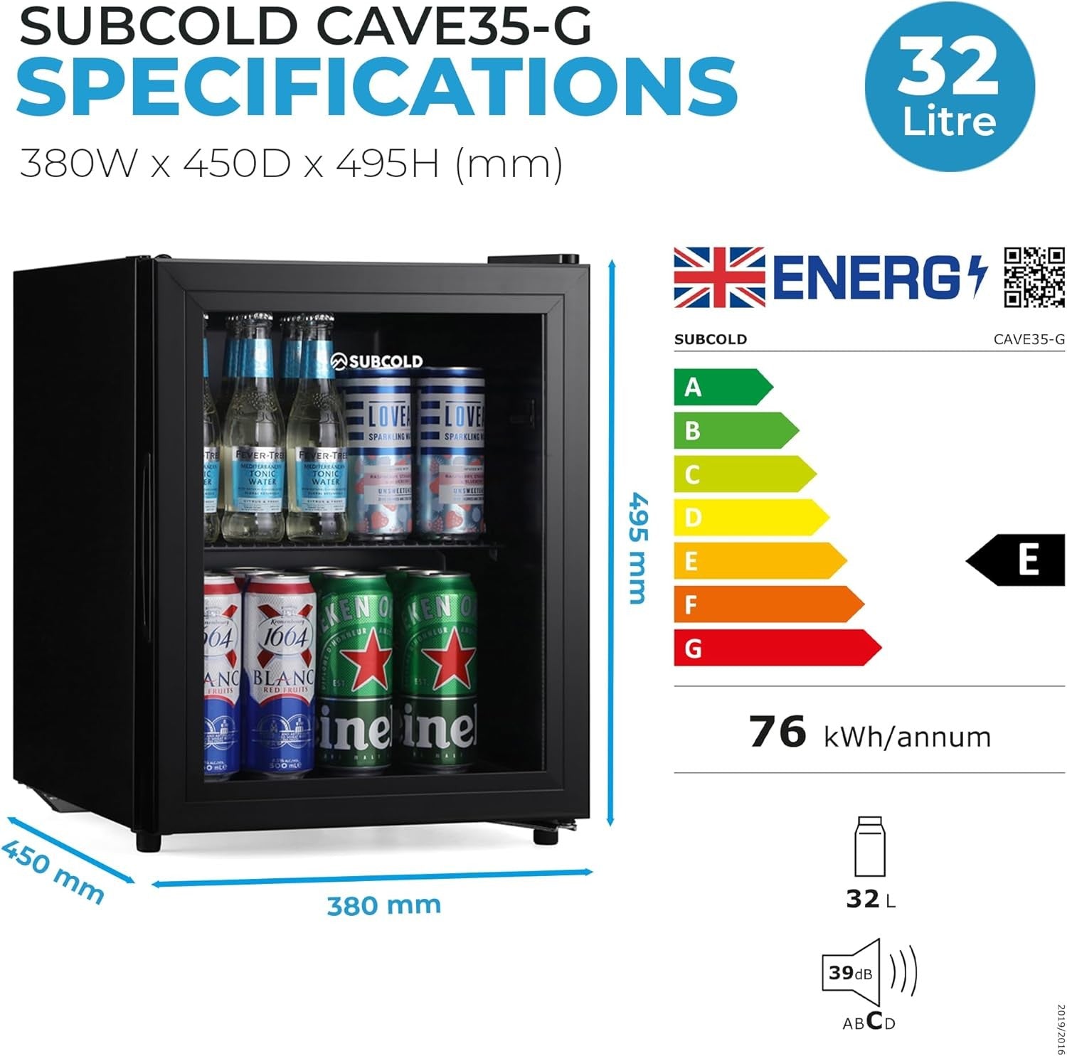 Mini Drinks Fridge 35L Glass Door LED Light Bedroom Office Home Bar
