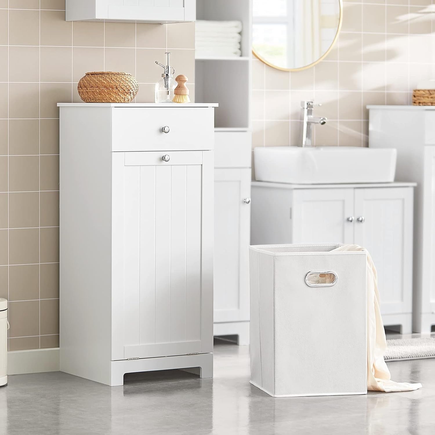 Slim White Bathroom Laundry Cabinet with Tilt Hamper & Drawer 40x90cm Modern
