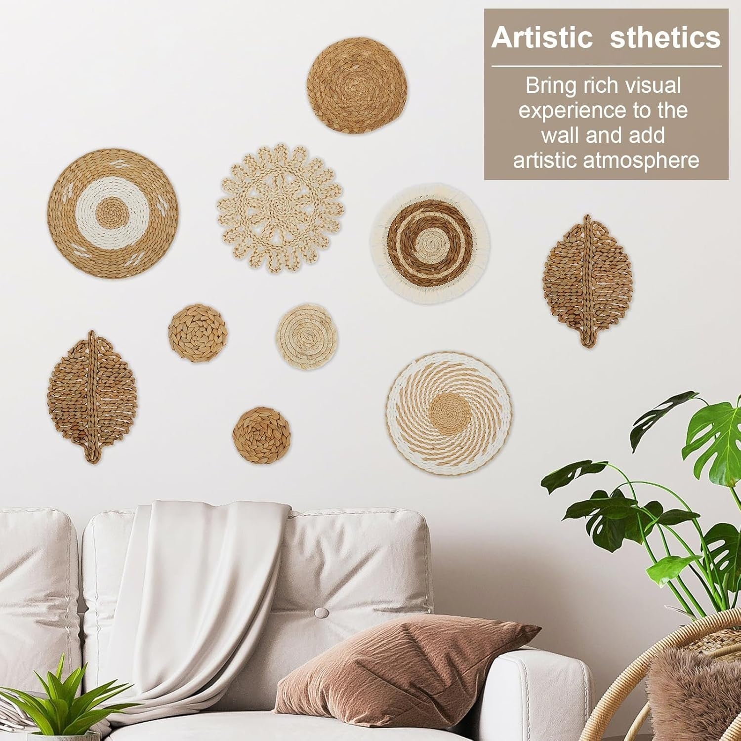 10PCS Boho Woven Wall Baskets Handmade Rattan Decor Round Set