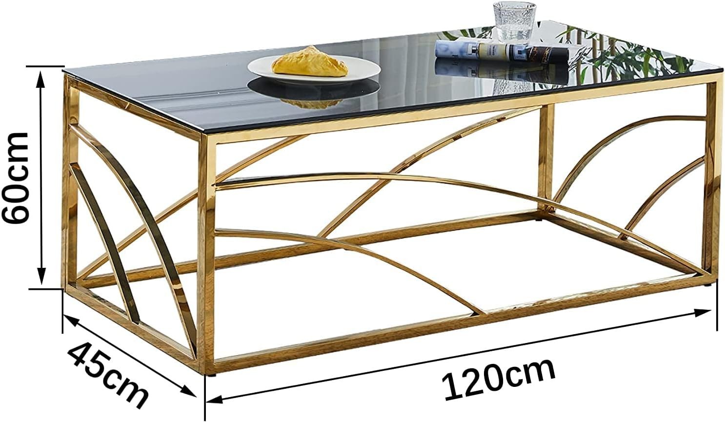 Gold Glass Coffee Table 120cm | Modern Stainless Steel Frame | Dark Grey Top