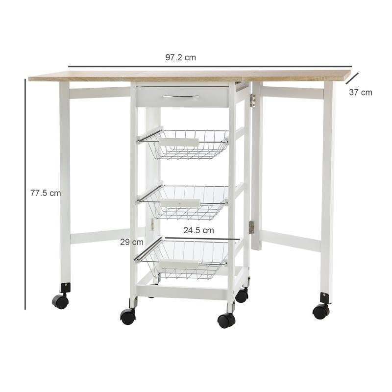 Drop Leaf Kitchen Trolley Cart with Baskets Drawer & Wheels Oak White