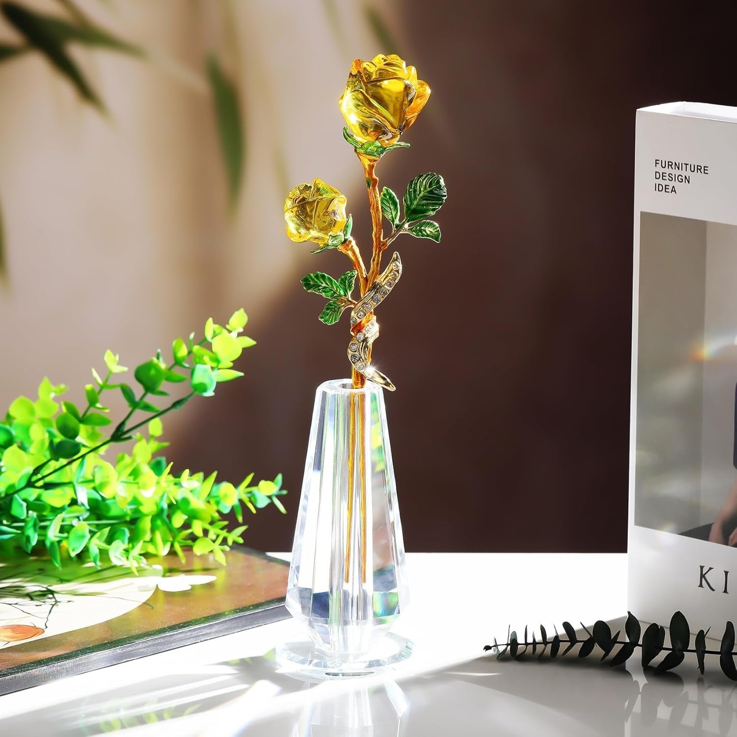 Yellow Crystal Rose Ornament with Vase – Luxury Glass Flower Gift for Her Décor