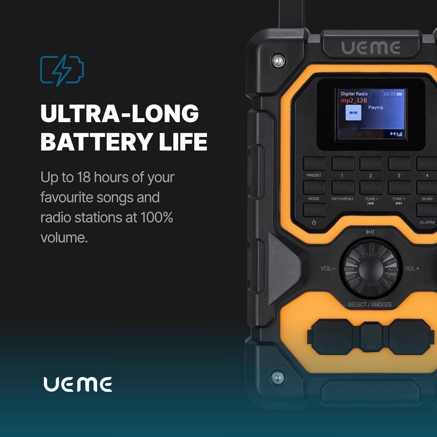 16W DAB/DAB+ FM Bluetooth Site Radio Rechargeable, USB AUX