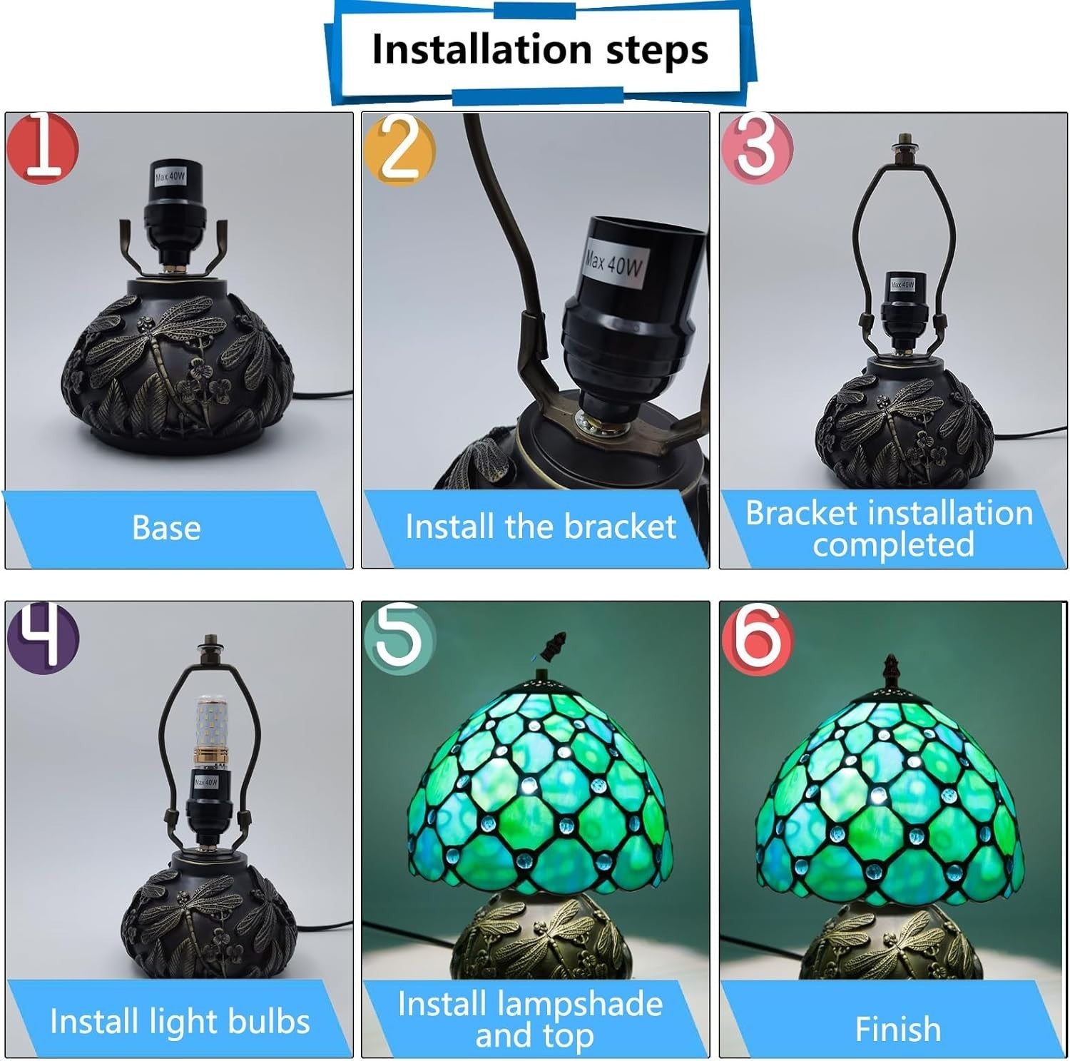 Tiffany Style Stained Glass Desk Lamp with Dragonfly Base, 3 Color Modes