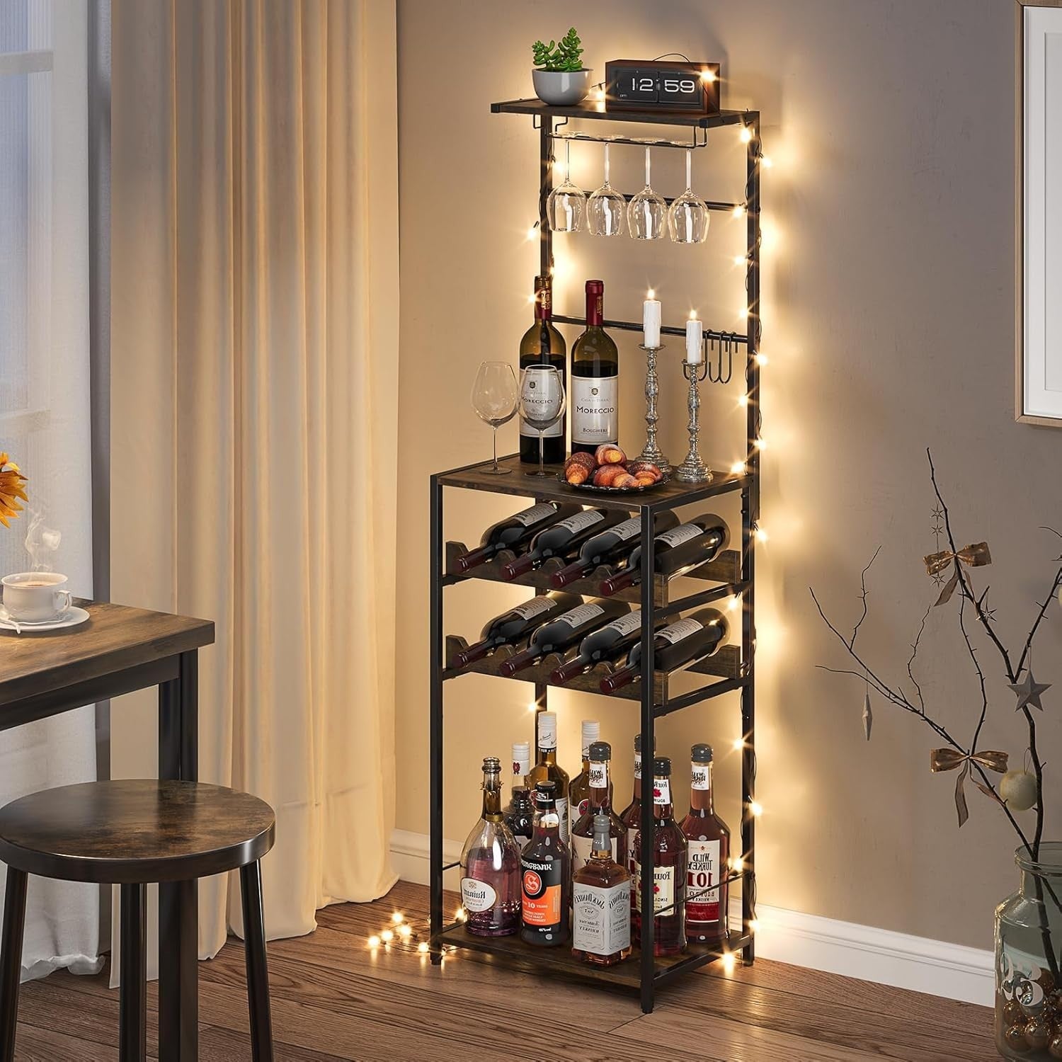 5-Tier Wine Rack with Glass Holder & Hooks, Freestanding Bar Cabinet