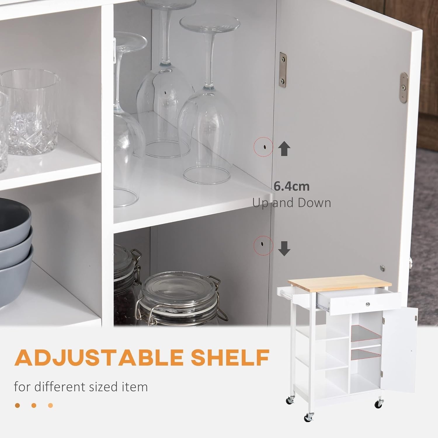 Kitchen Trolley on Wheels Wood Top Storage Cupboard White