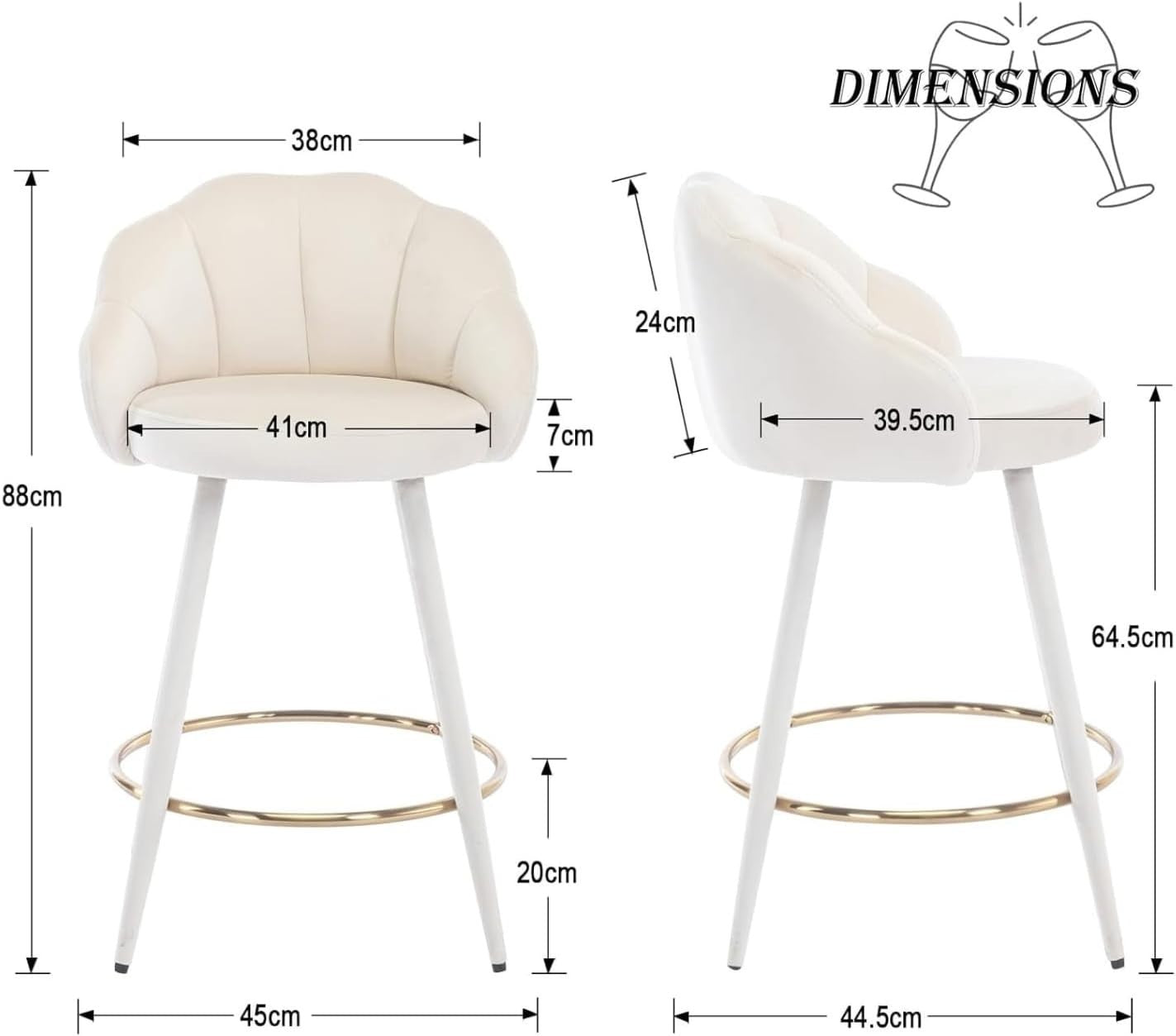 Beige Velvet Bar Stools Set of 2 Modern Kitchen Counter Breakfast Chairs