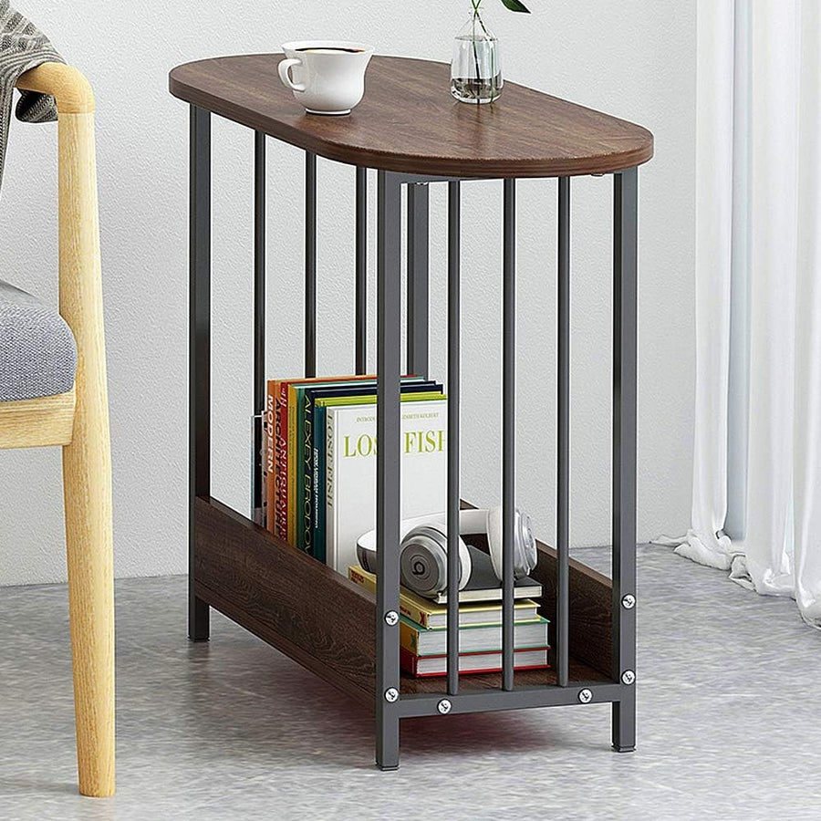 Oval Dark Walnut Side Table with 2-Tier Shelf – Modern Small Sofa Coffee Table