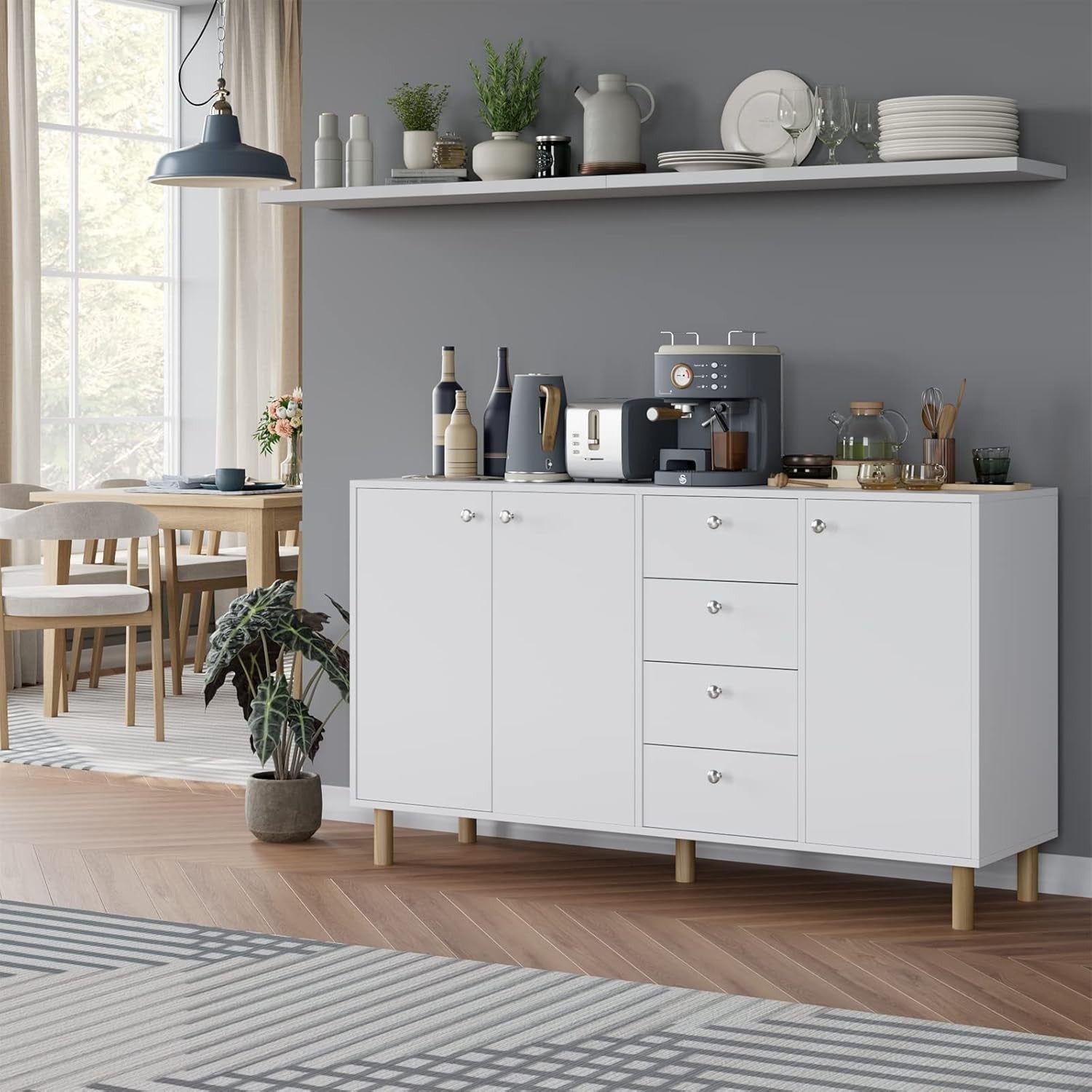 Modern White Sideboard Cabinet with Drawers & Doors 140cm Storage Unit