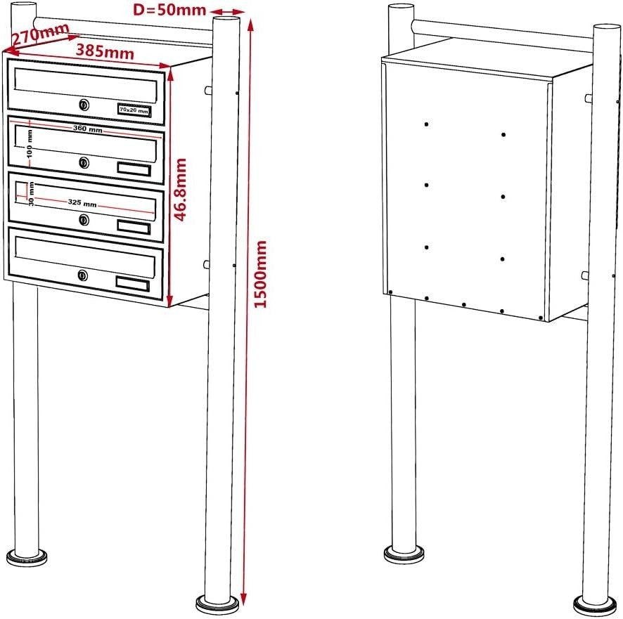 4 Door White Post Mount Mailbox System Lockable Steel Pillar Stand