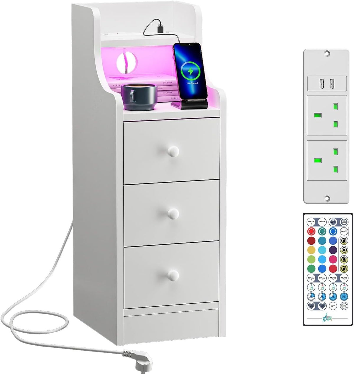 Slim White Bedside Table with RGB LED Lights & Charging Station | 3 Drawer