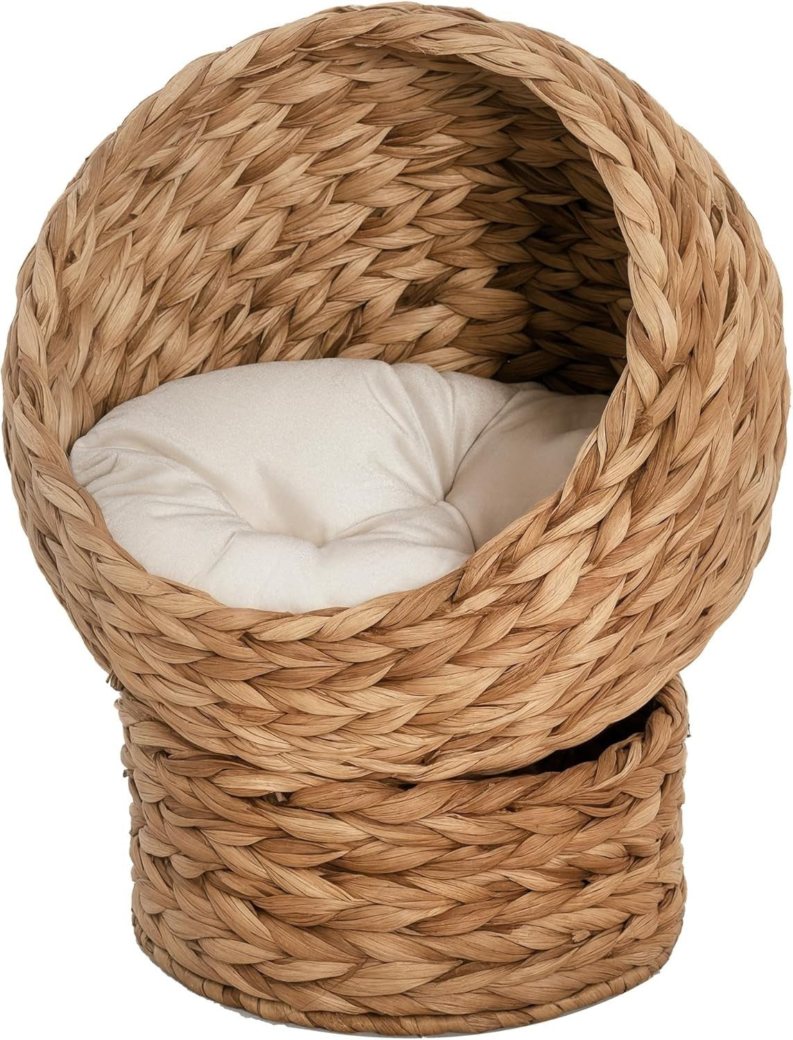 Raised Wicker Cat House Bed Water Hyacinth Basket w Soft Cushion