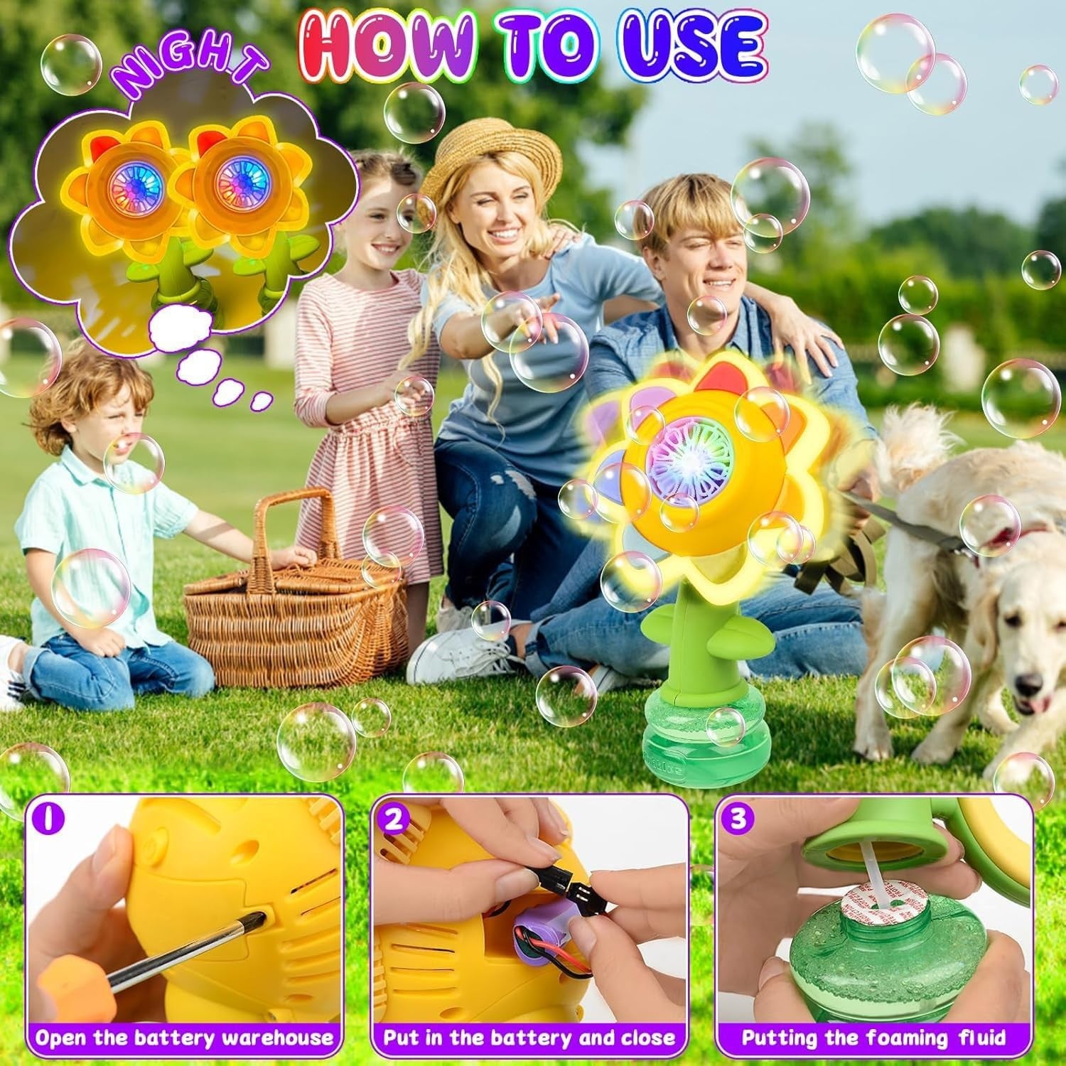 Sunflower Bubble Machine LED Rechargeable 20000 Party Toy
