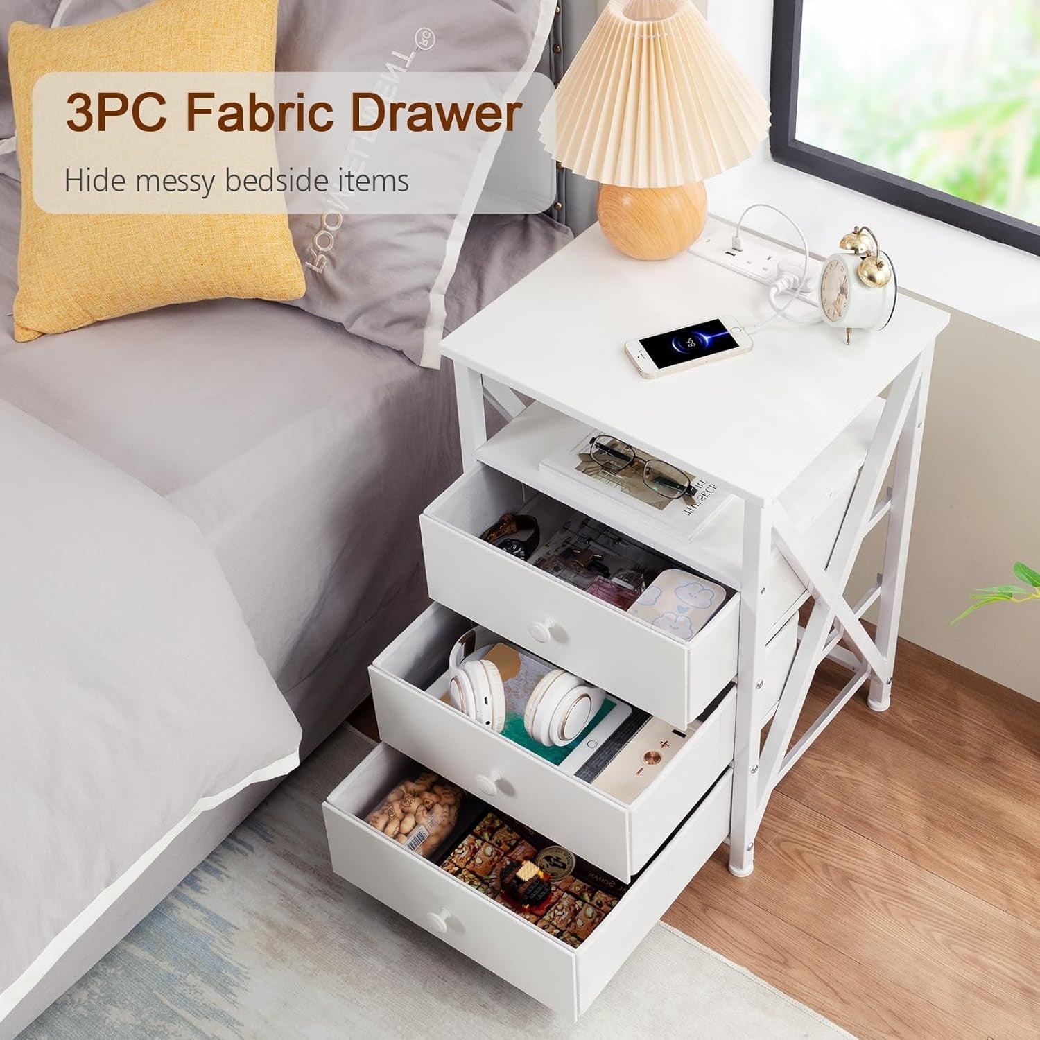 White LED Bedside Table with Charging Station | 3 Drawer Nightstand