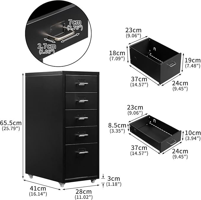 5 Drawer Metal File Cabinet with Wheels, Rolling Office Storage Unit, Under Desk