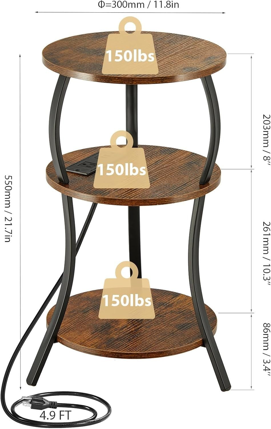 Brown 3-Tier Round Side Table 30x30x55 cm | Slim End Table w/ USB & Storage
