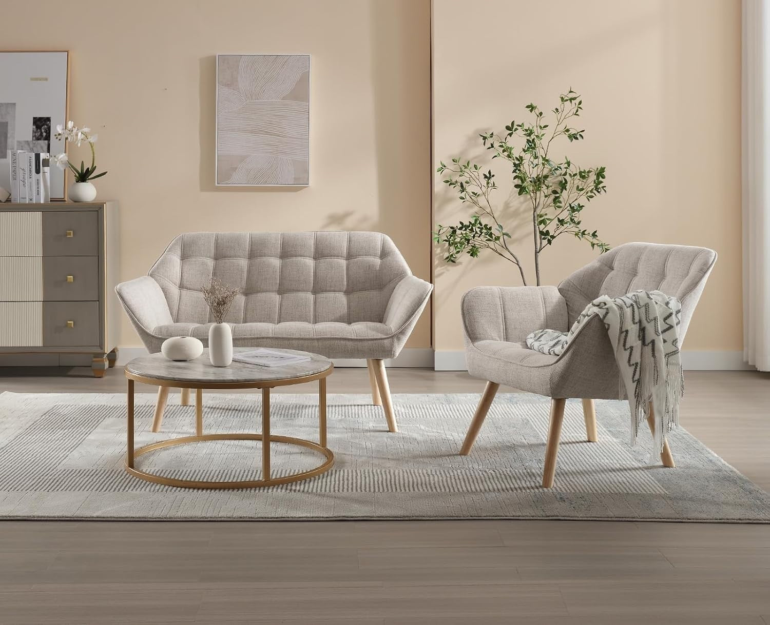 2 Seater Linen Sofa Tub Chair Beige Loveseat Armchair Wood Legs Lounge