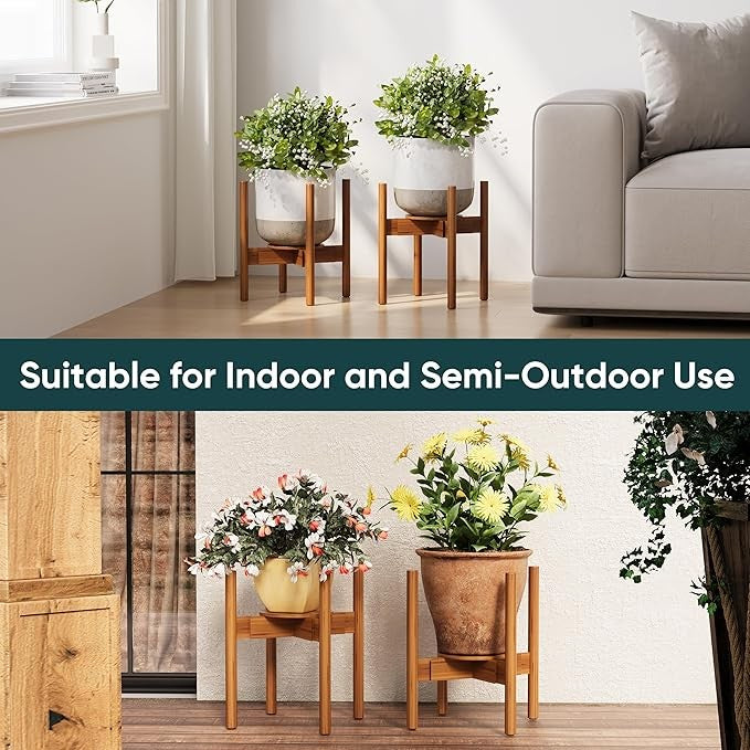 Adjustable Bamboo Plant Stand 2 Pack with Tray for Indoor Pots 20–30cm Walnut
