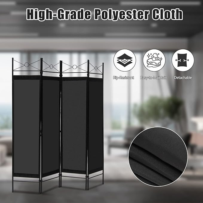 Black 4 Panel Folding Room Divider – Freestanding Privacy Screen with Removable
