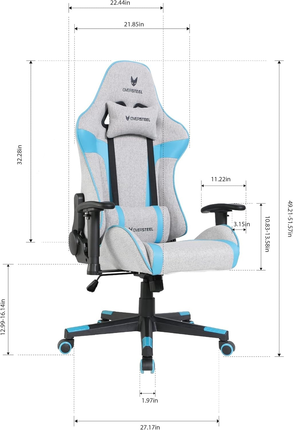 Professional Gaming Chair 180° Recline Fabric Grey Blue