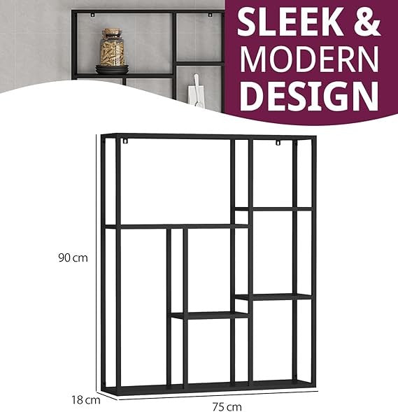 Modern Black Metal Wall Shelf Unit – Floating Display Rack for Living Room