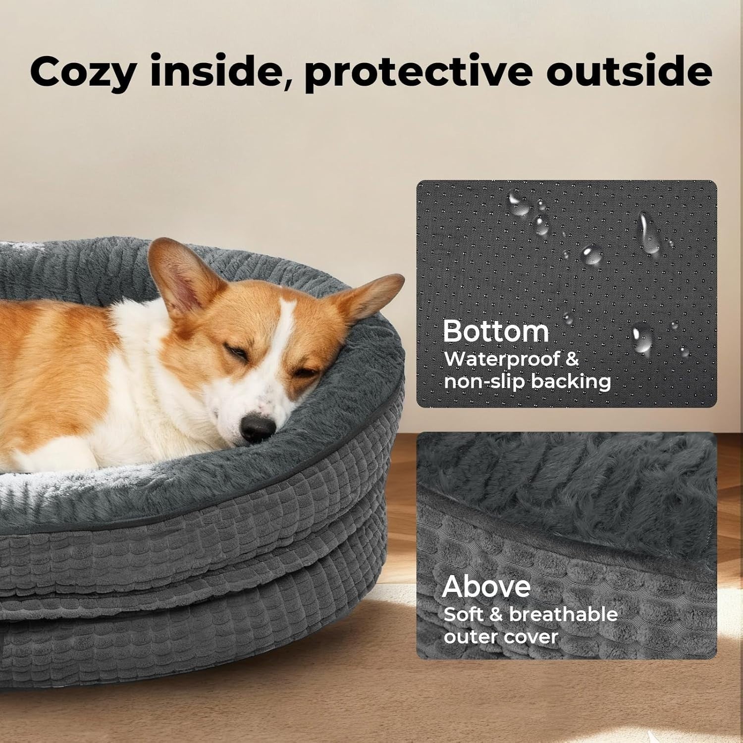 Medium Orthopedic Dog Bed 71x59x15cm Bolster Washable Grey
