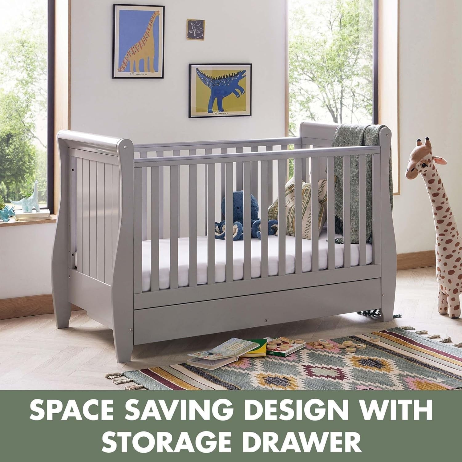 Baby Cot Bed Convertible Toddler Day Bed Adjustable Height Solid Wood Grey