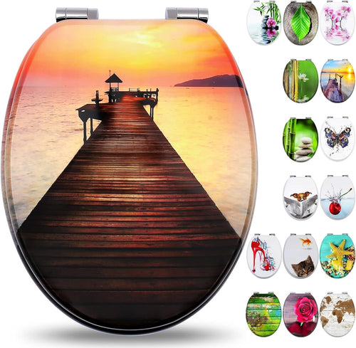 Wooden Soft Close Toilet Seat MDF Durable O Shape 43.5x37.5cm Various Patterns