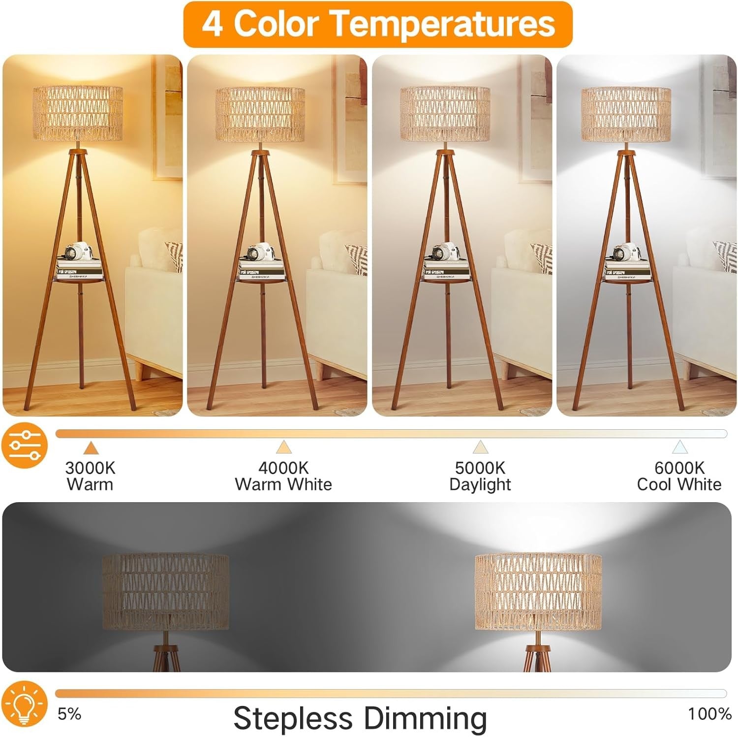 Wooden Tripod Floor Lamp Rattan Double Shade Remote Dimmable Boho