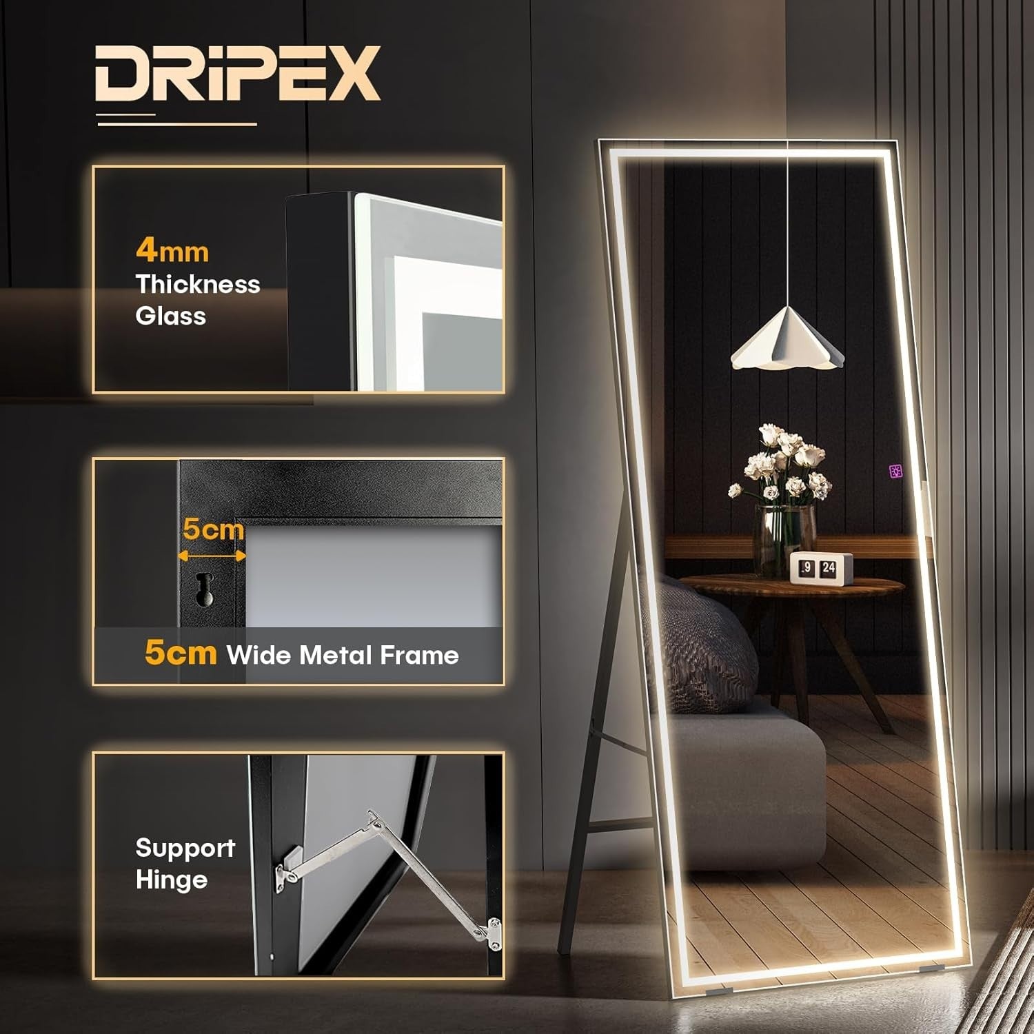LED Full Length Mirror 140x50cm Wall Mount Dimmable Touch Light Black