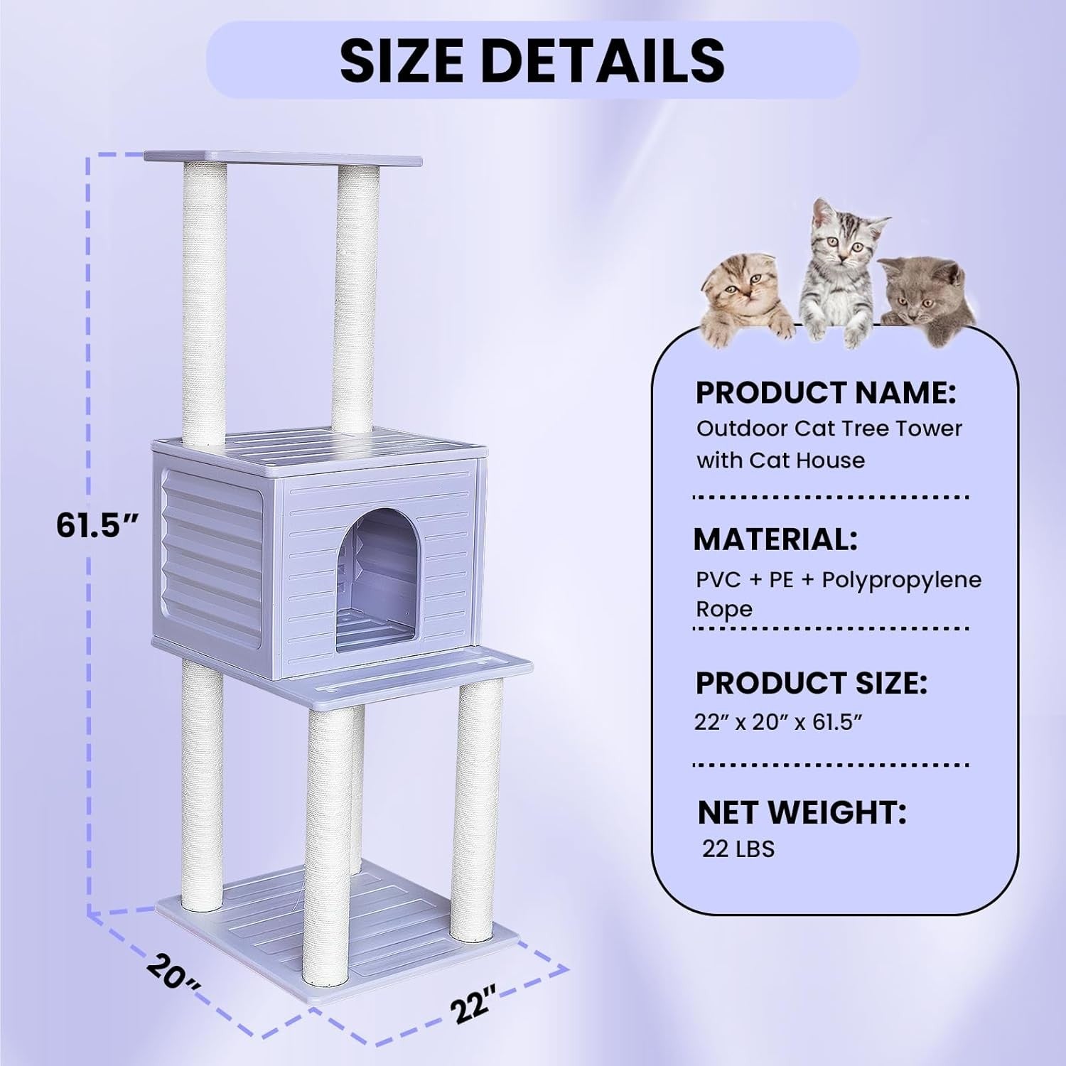 61.5 Inch Cat Tree Tower With Weatherproof Condo Indoor Outdoor Large Cats