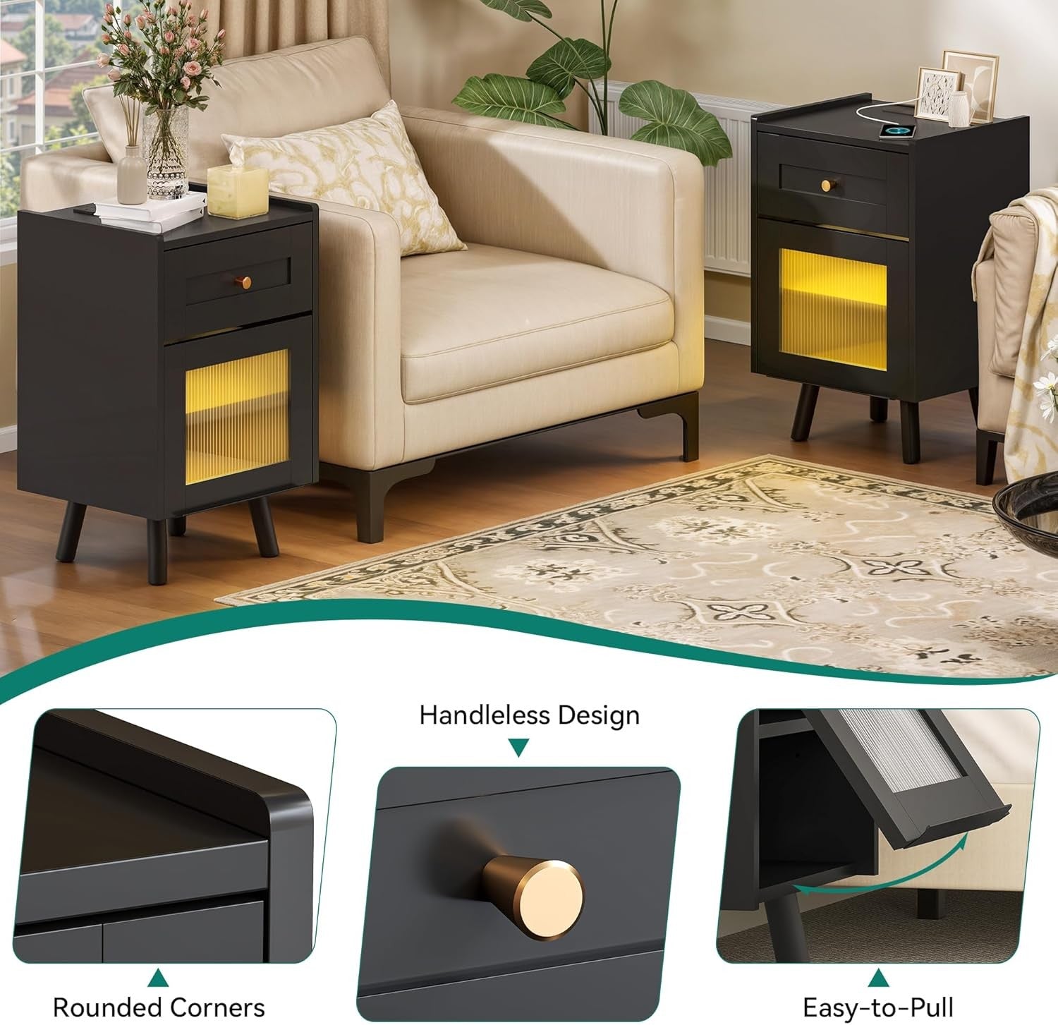 Black LED Bedside Table | Nightstand with Drawer & Adjustable Shelf 40×62cm