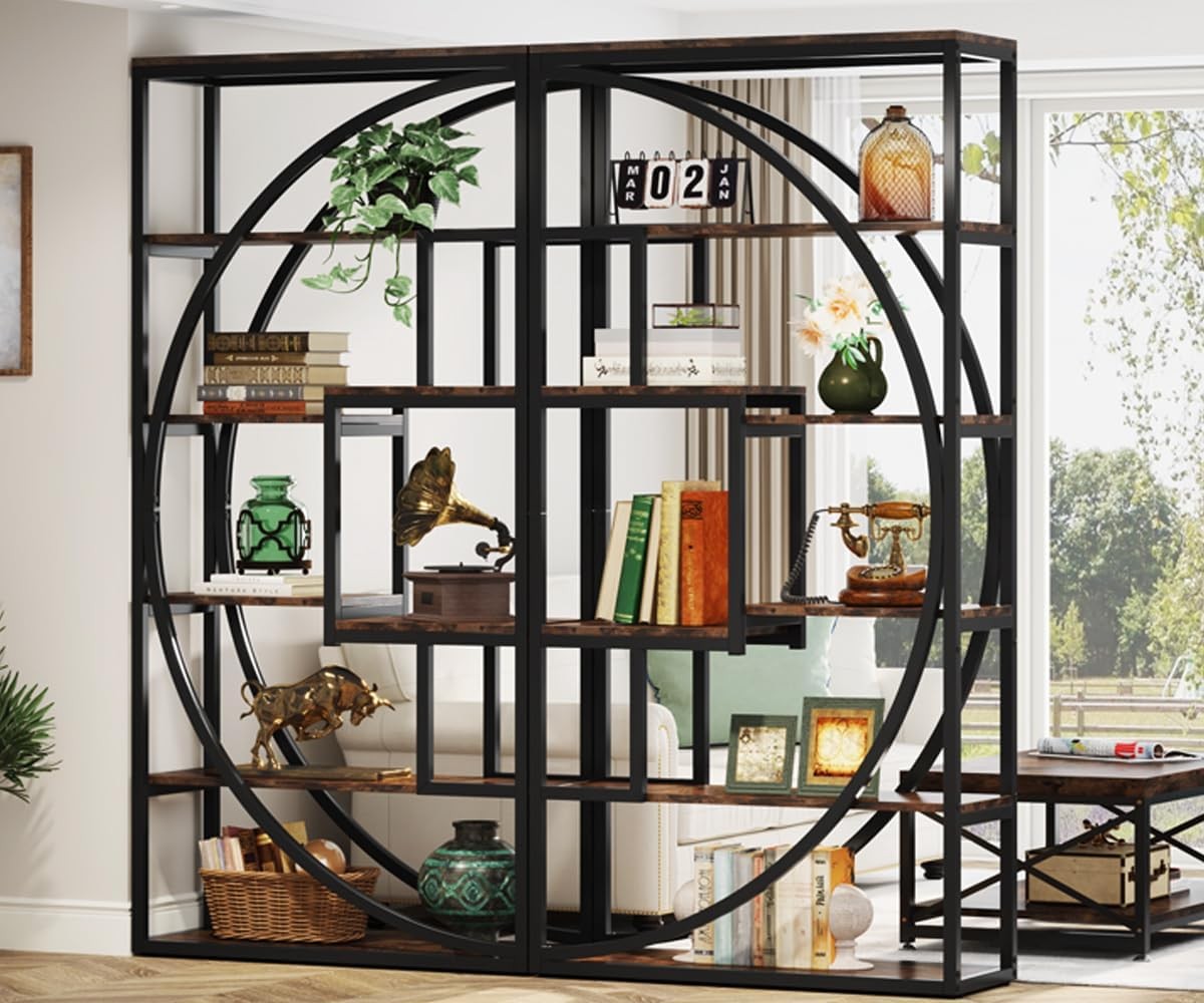 Pair of Tall Industrial 5-Tier Bookshelves with 8 Open Shelves – Vintage Brown/B