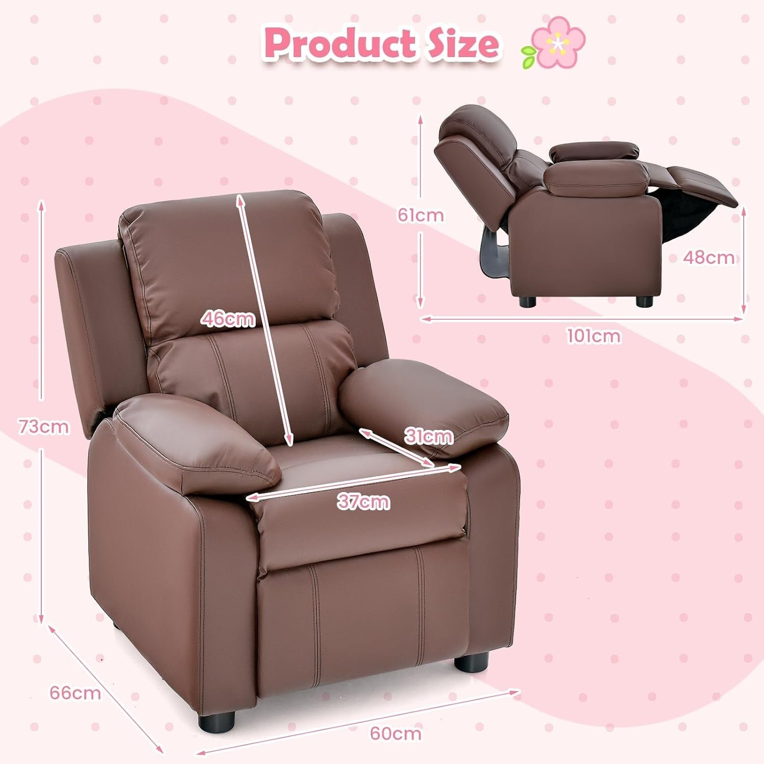 Kids Recliner Chair PU Leather Adjustable Backrest & Footrest with Storage Arms