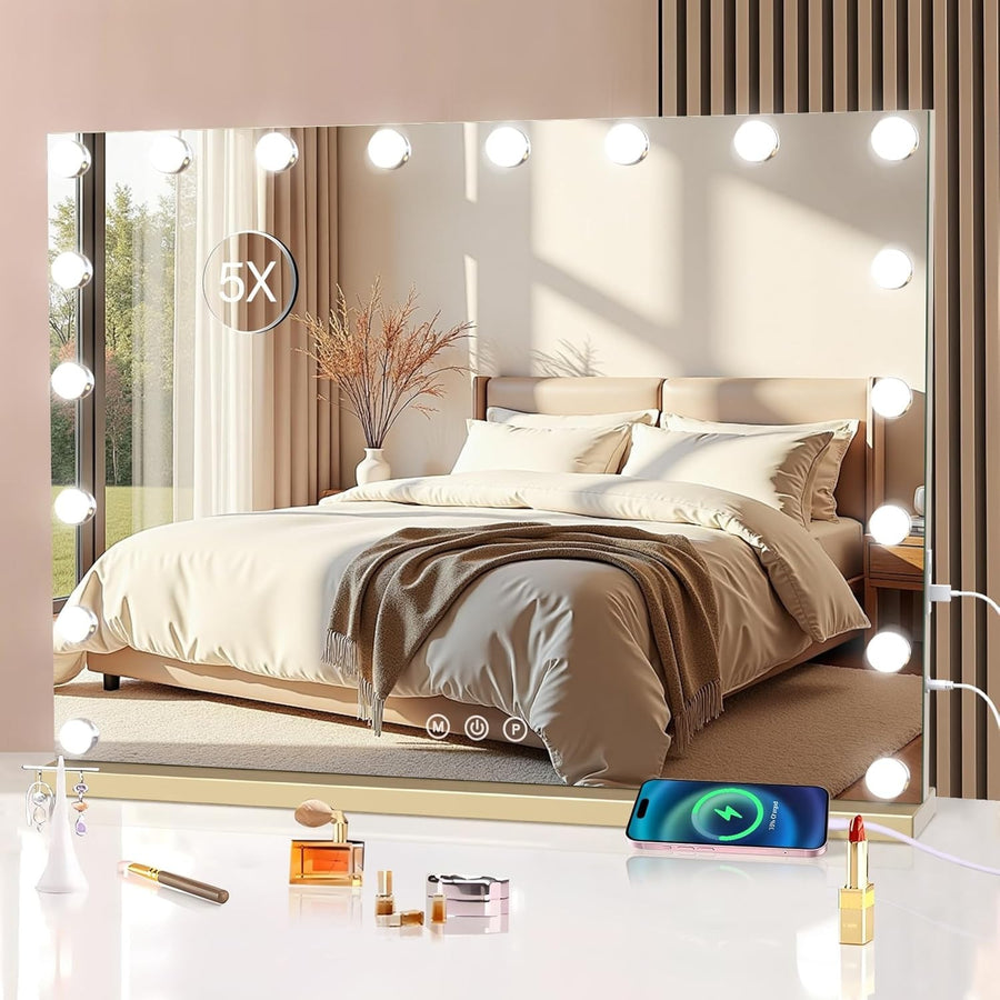 Large LED Vanity Mirror with Lights, USB Port & Smart Touch, 80x60cm