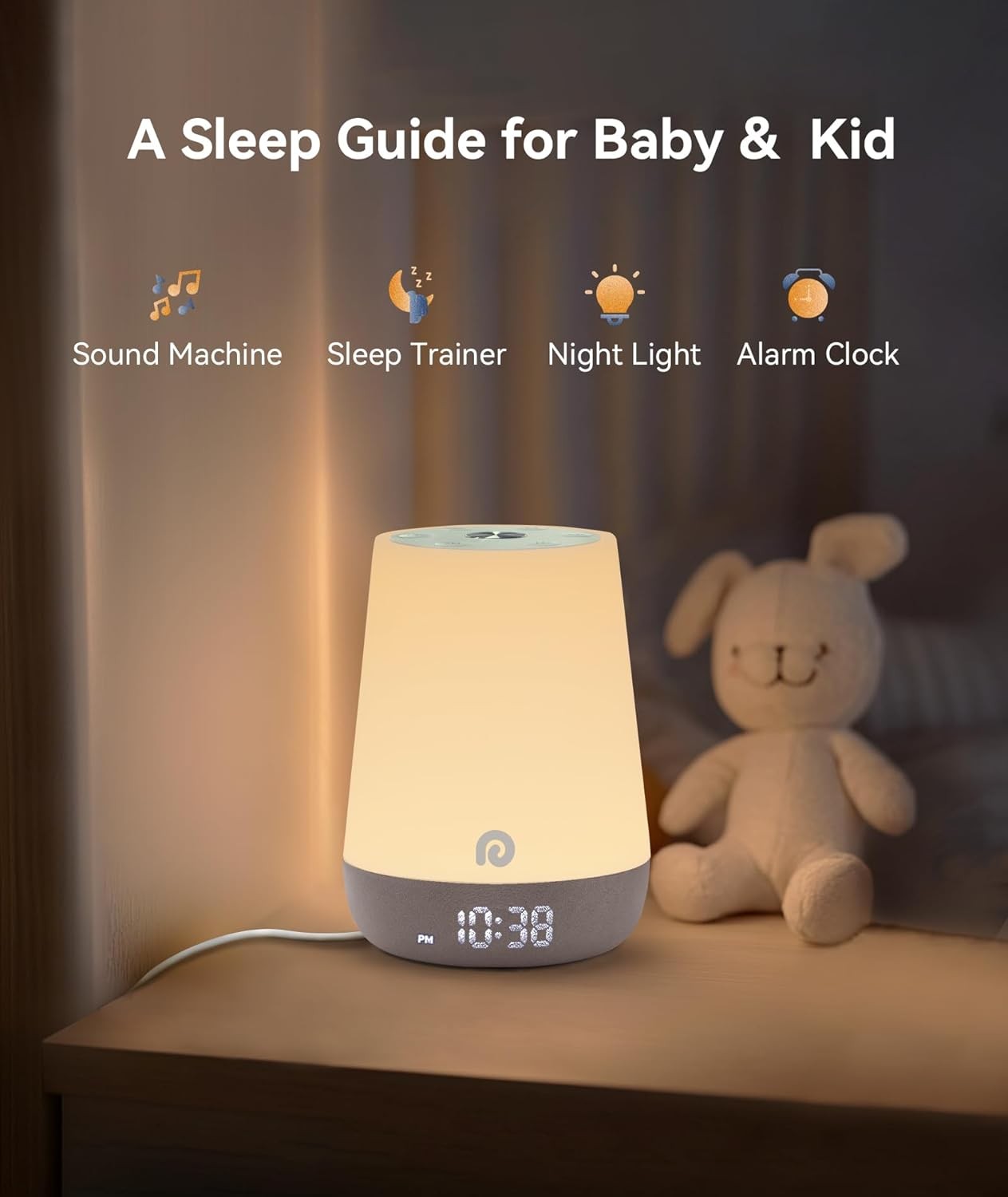 White Kids Sleep Trainer Clock White Noise Machine Night Light App Control