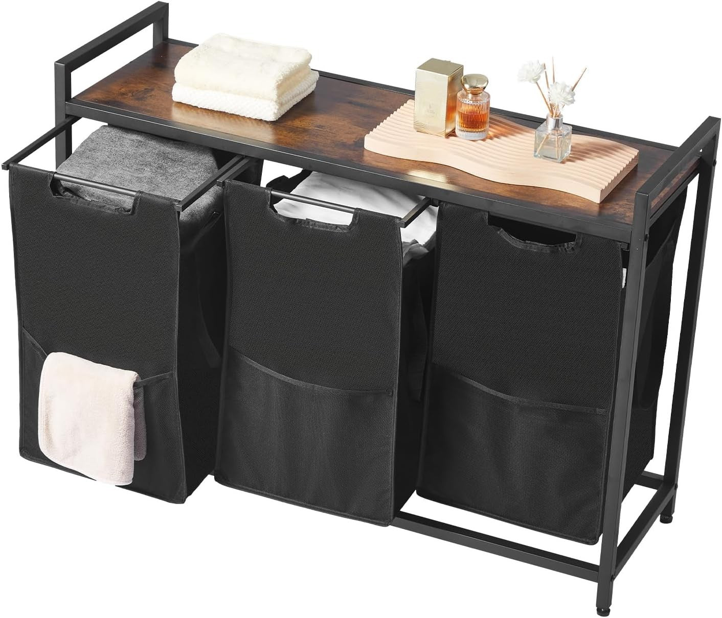 3 Section Laundry Sorter With Tabletop Metal Frame 600D Oxford Bags Black