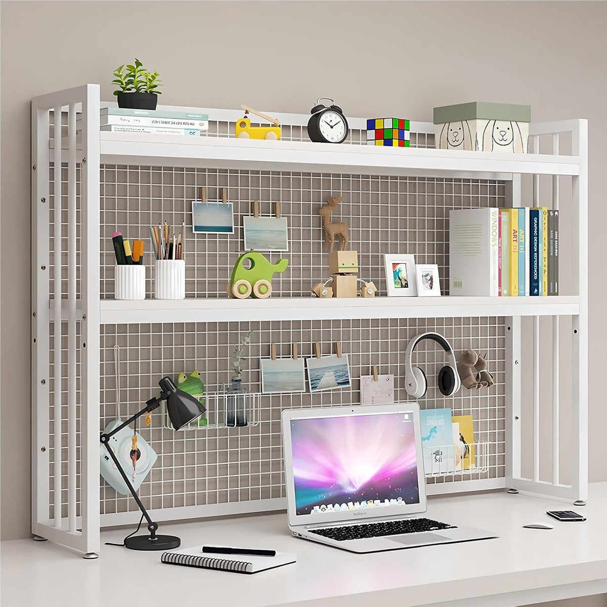 Adjustable Desktop Bookshelf 2-Tier White Industrial Monitor Riser Shelf 95cm