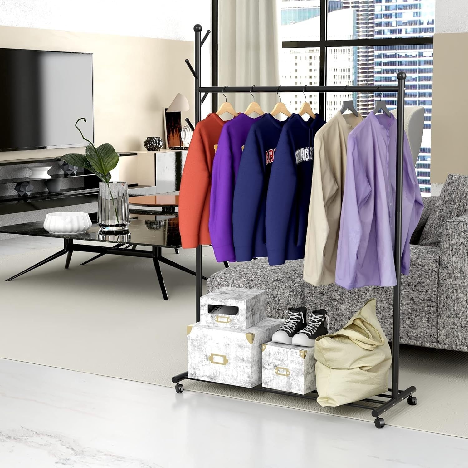 Heavy Duty Clothes Garment Rack with Shelf Wheels Metal Black