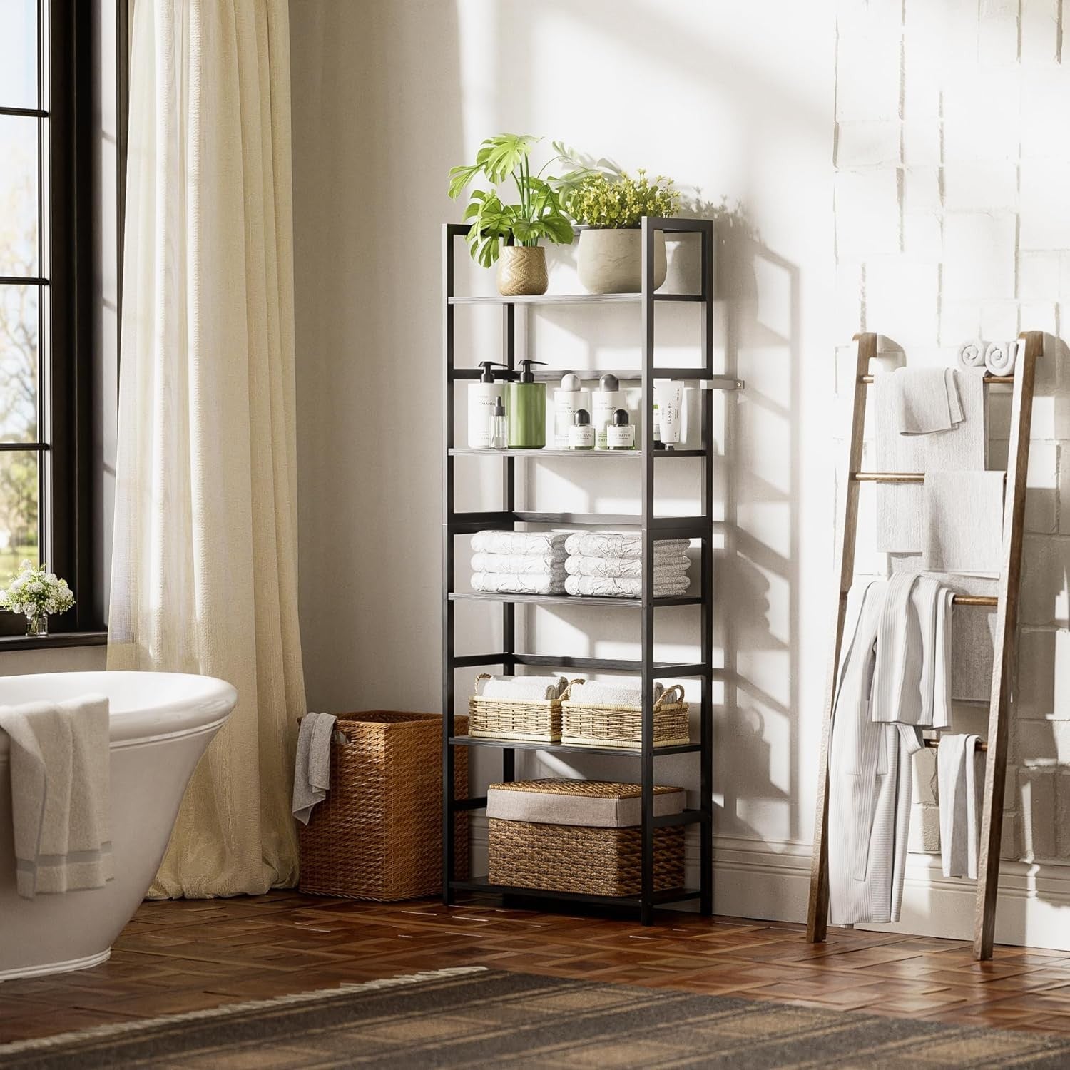 5-Tier Industrial Ladder Bookshelf, Tall Display Storage Unit for Home Office