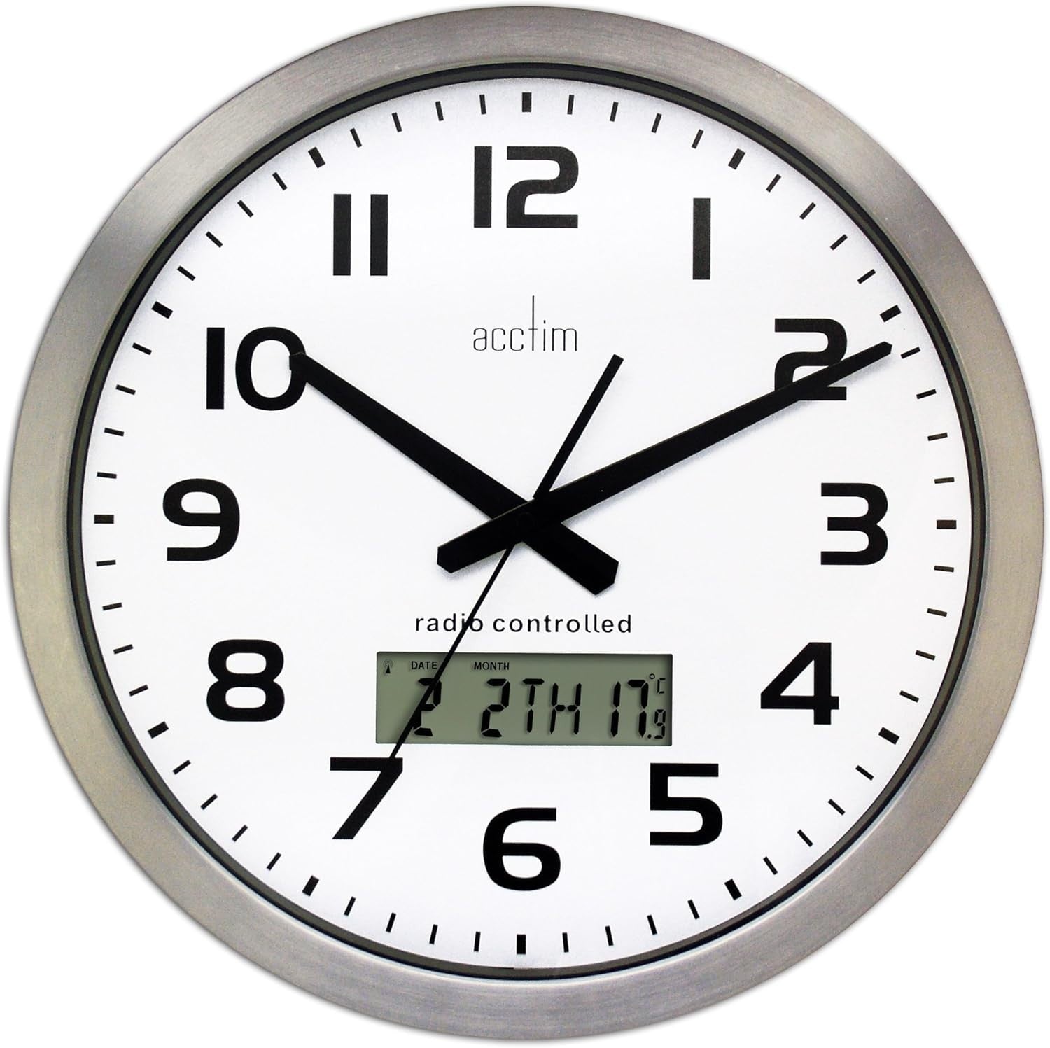 Radio Wall Clock Digital LCD Display Temp Date Home Office 38cm Silent