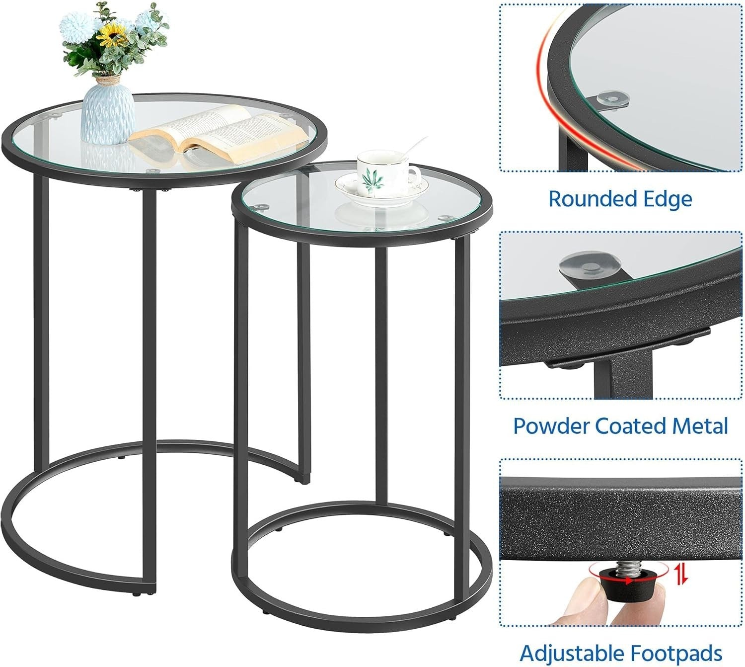 Nesting Round Side Tables Set of 2 Black Tempered Glass Metal End Coffee Sofa