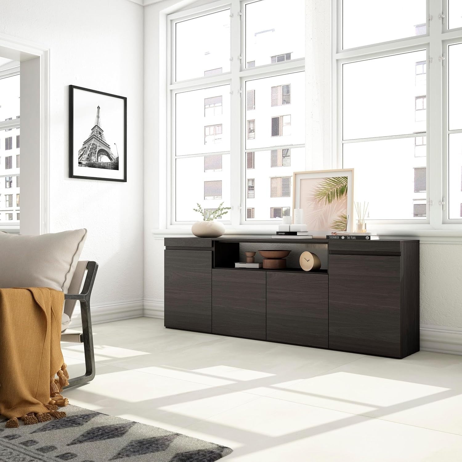 Large Black Sideboard Cabinet 4 Doors 4 Drawers Storage Buffet Unit Modern