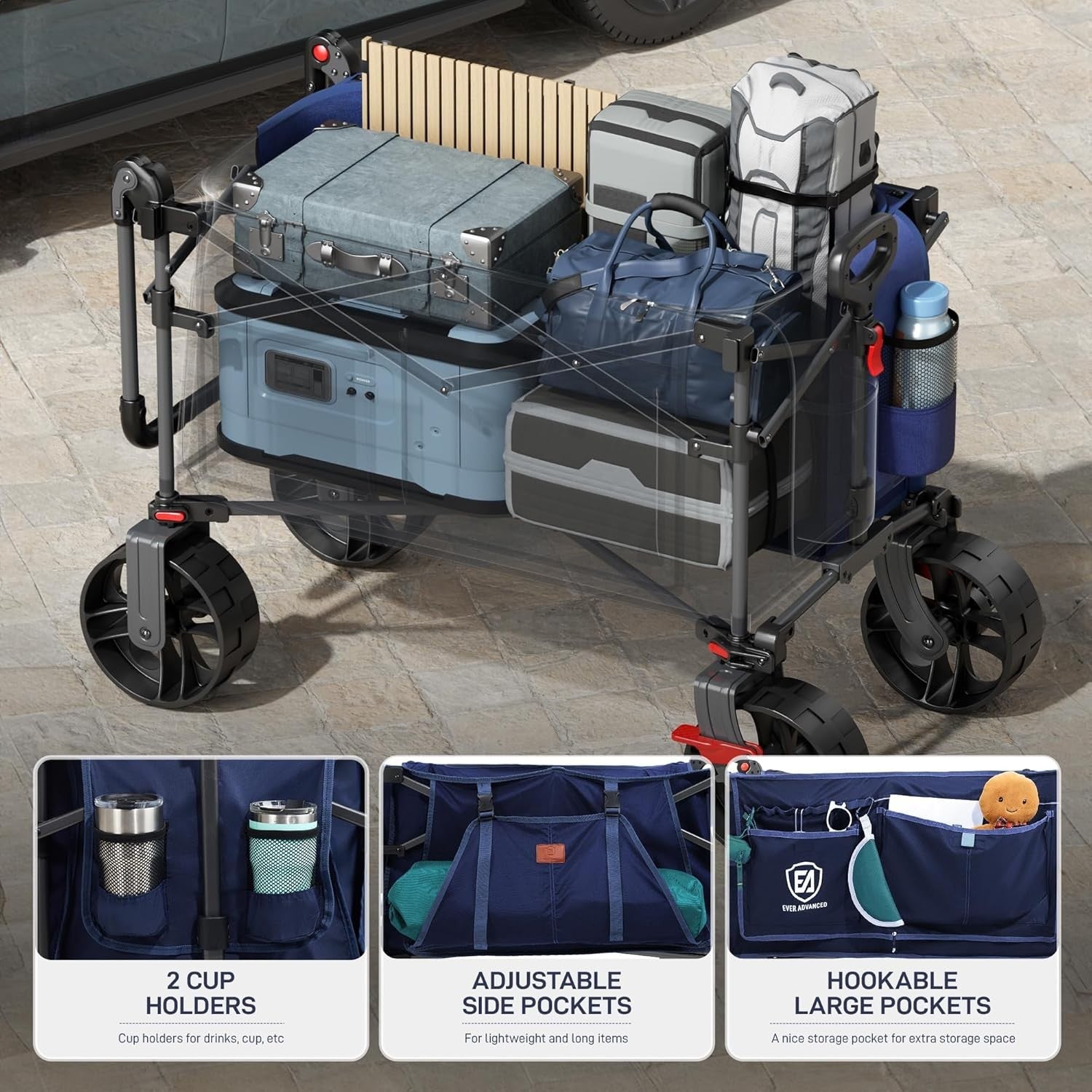 Blue 225L Heavy Duty Folding Camping Wagon w/ Canopy 150kg Festival Trolley