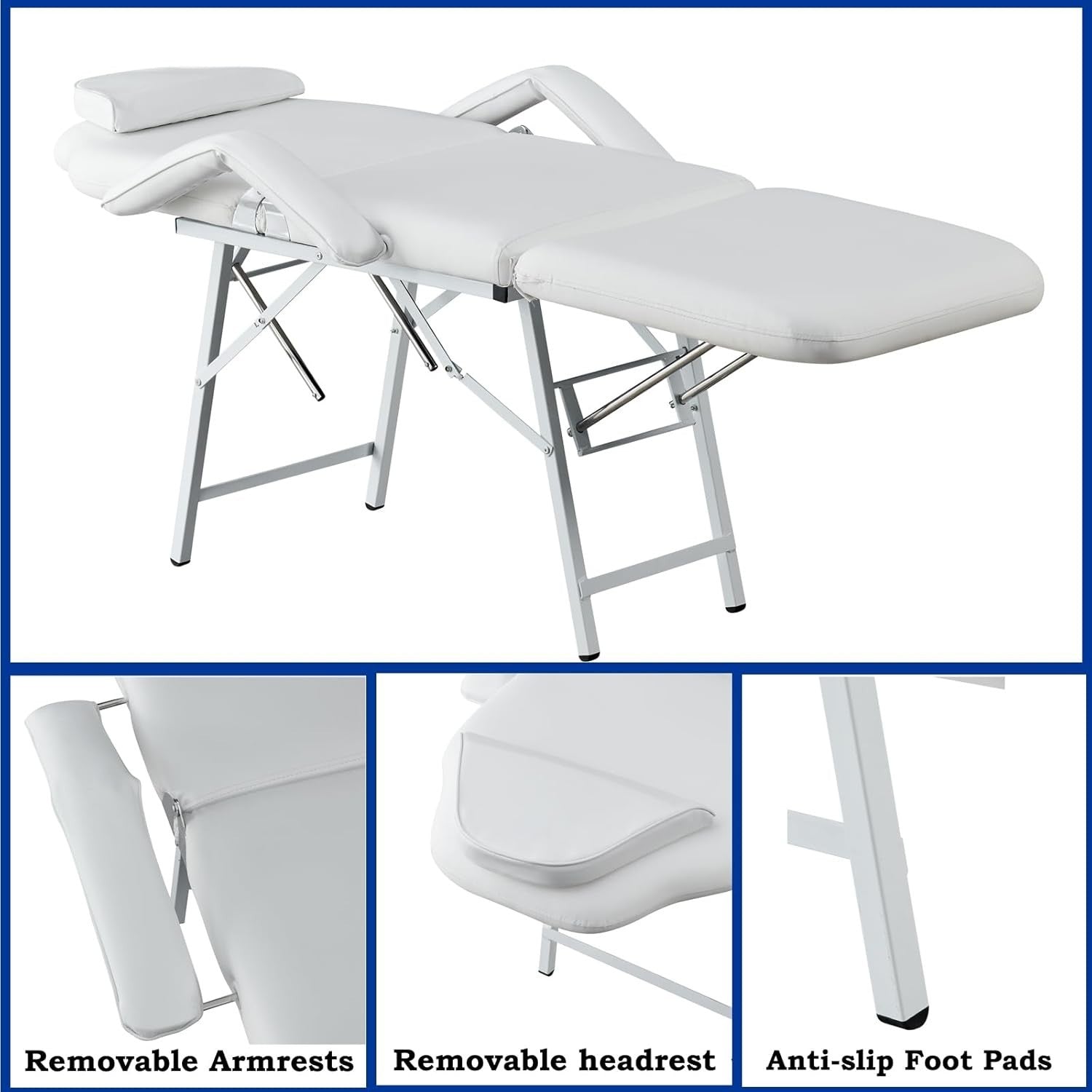 Foldable 3-Section Beauty Massage Bed Portable Adjustable Tattoo Chair White