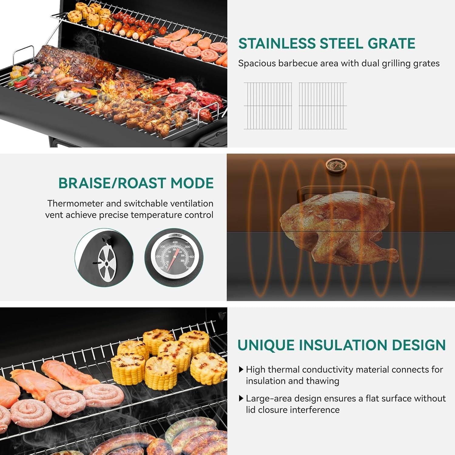 Portable Charcoal BBQ Smoker Grill | Adjustable Height, Thermometer