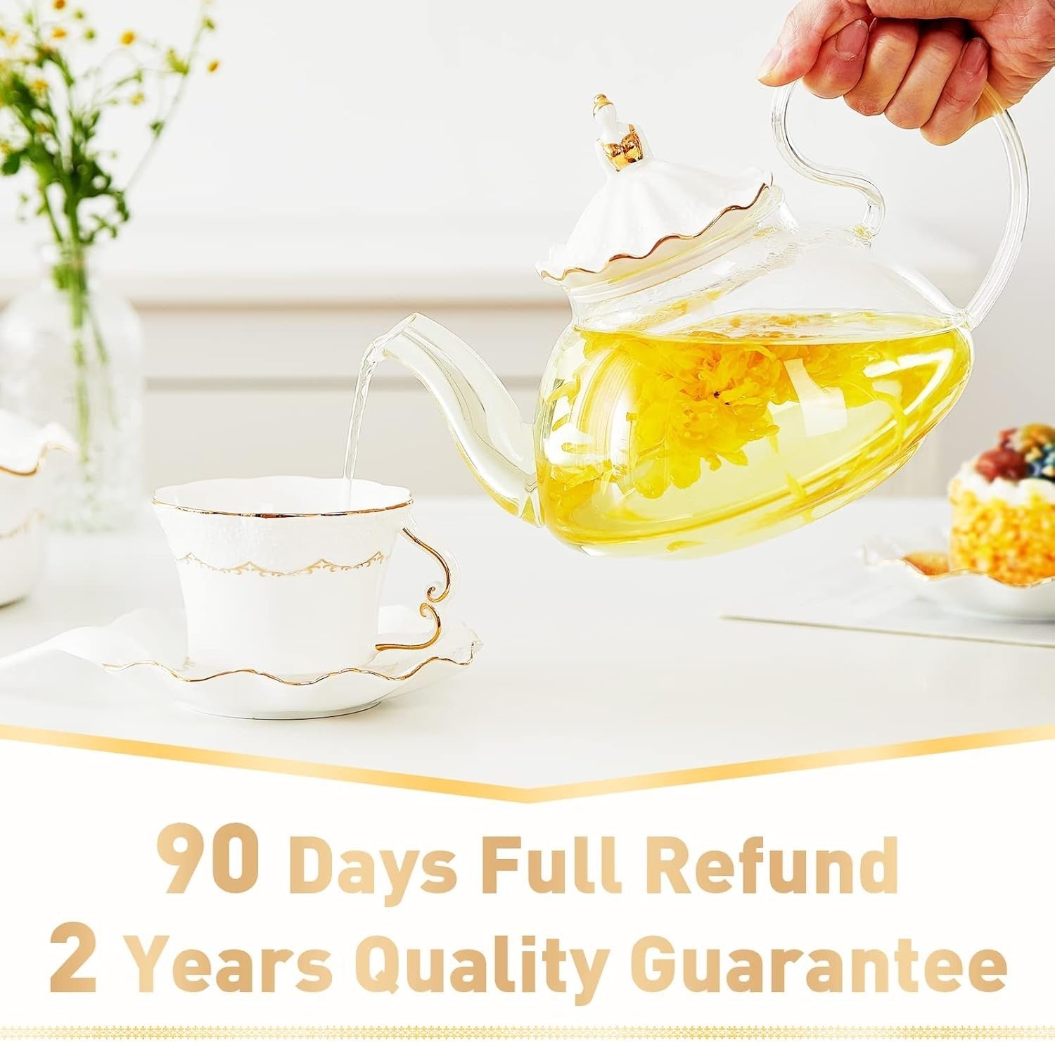 Luxury Blooming Tea Pot Set 1.2L Warmer Infuser Gold Trim Gift