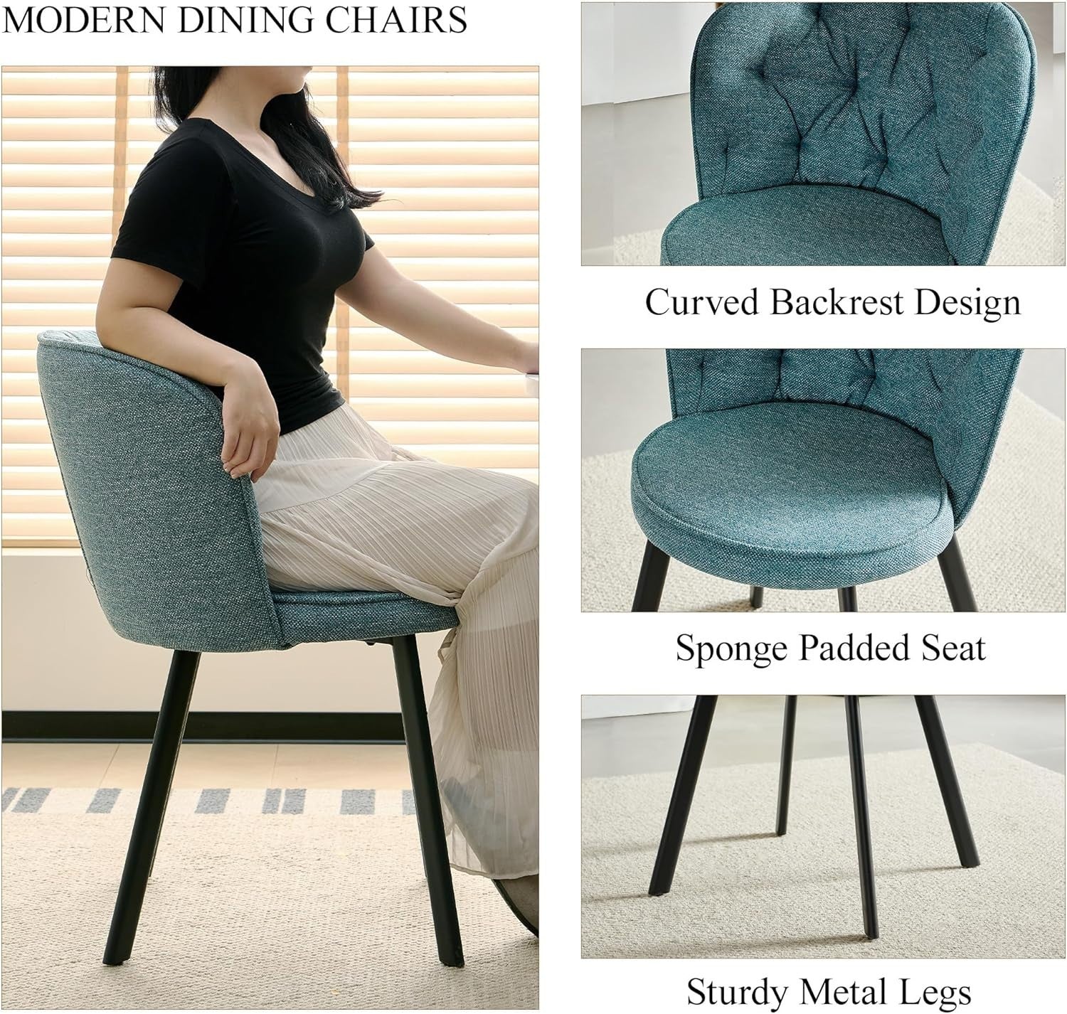4 Navy Blue Linen Dining Chairs & Round Walnut Table Set for Kitchen Room