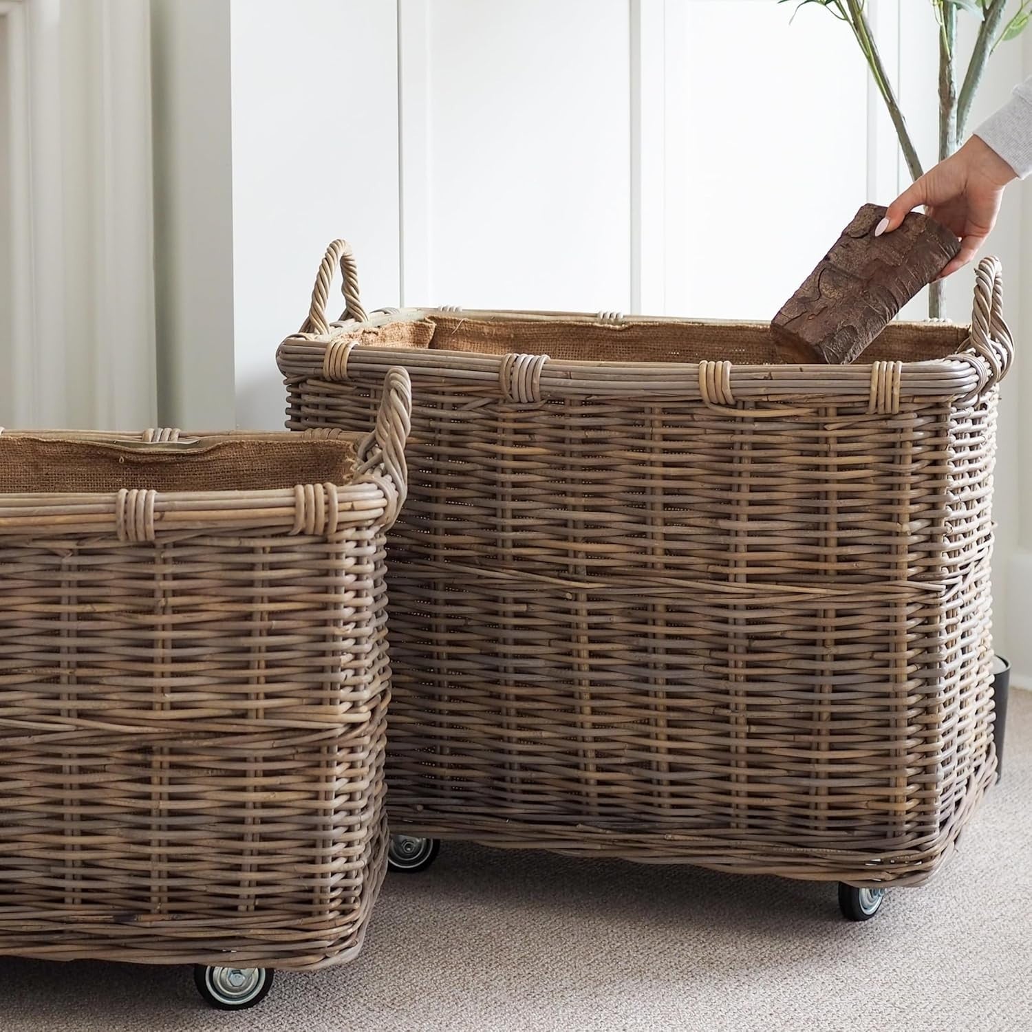 Extra Large Rattan Log Basket With Wheels, Rustic Firewood Storage 50x76cm