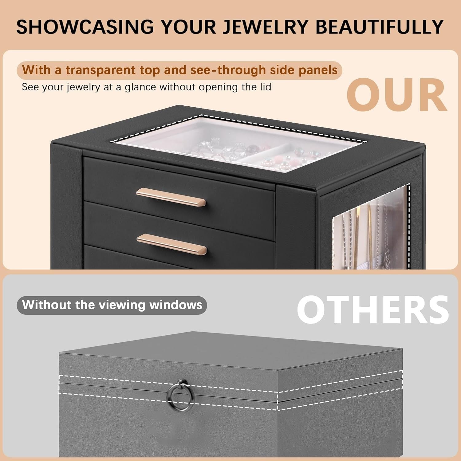 Black PU Leather Jewellery Organizer Box 5 Layer Drawer Storage Case